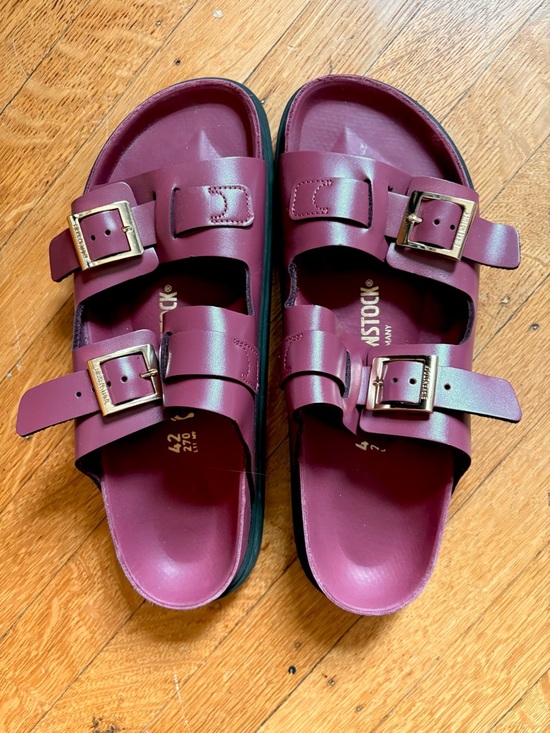 Birkenstock Shoes - Birkenstock Arizona Dual-Buckle Sandals in Burgundy with Gold Buckles